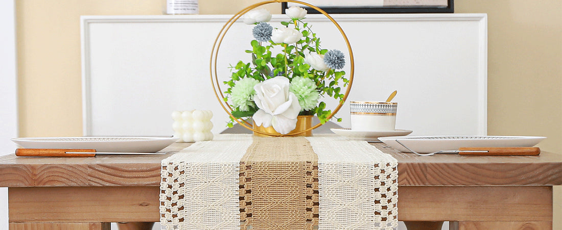 Boho Farmhouse Linen Table Runner with Tassels – Rustic Cotton Blend