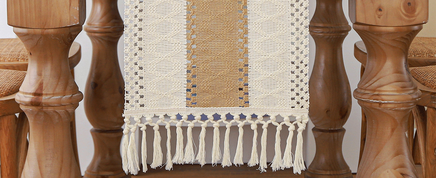 Boho Farmhouse Linen Table Runner with Tassels – Rustic Cotton Blend