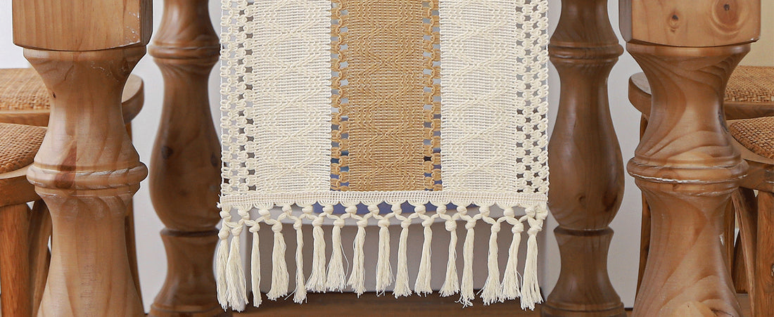 Boho Farmhouse Linen Table Runner with Tassels – Rustic Cotton Blend