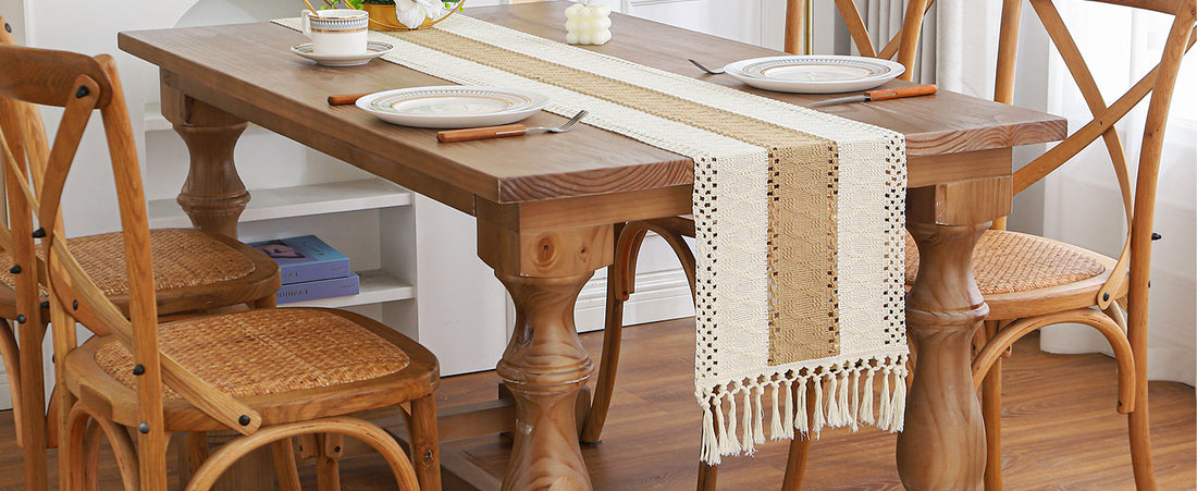 Boho Farmhouse Linen Table Runner with Tassels – Rustic Cotton Blend