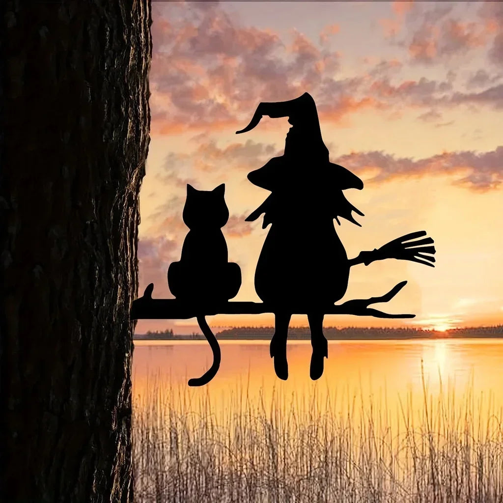 Iron Garden Stake – Witch & Cat Silhouette Yard Art