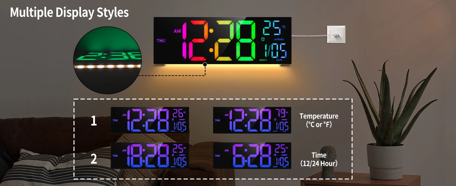16" LED Digital Wall Clock – Large RGB Display with Remote