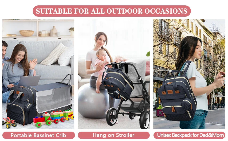 3-in-1 Diaper Bag Backpack with Foldable Baby Bed & USB Port