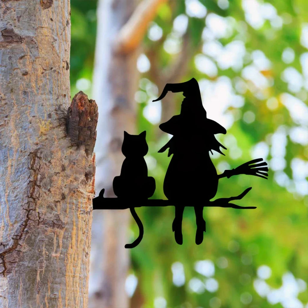 Iron Garden Stake – Witch & Cat Silhouette Yard Art