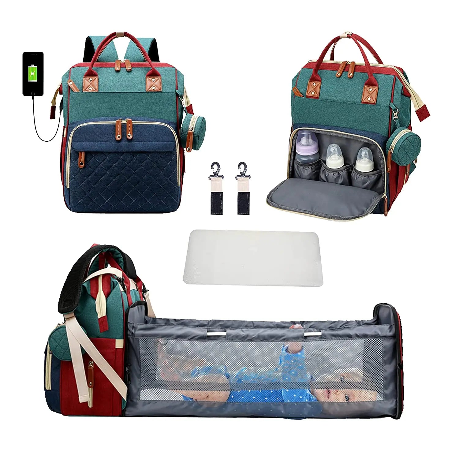 3-in-1 Diaper Bag Backpack with Foldable Baby Bed & USB Port