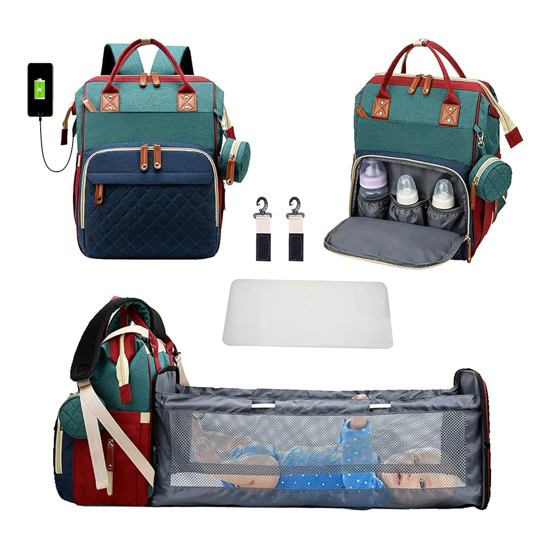 3-in-1 Diaper Bag Backpack with Foldable Baby Bed & USB Port