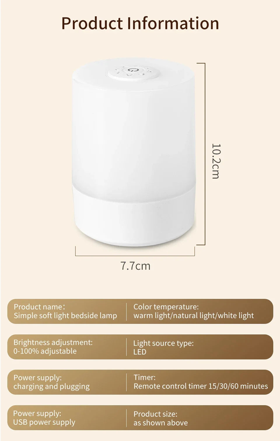 Dimmable LED Bedside Night Light – Touch Control Rechargeable Lamp