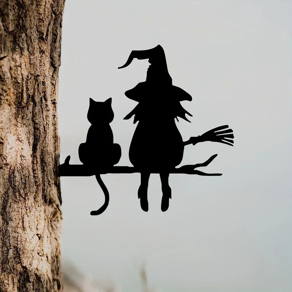 Iron Garden Stake – Witch & Cat Silhouette Yard Art