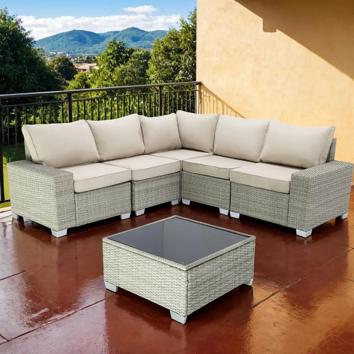 6-Piece Outdoor Patio Furniture Set – Wicker Sectional Sofa