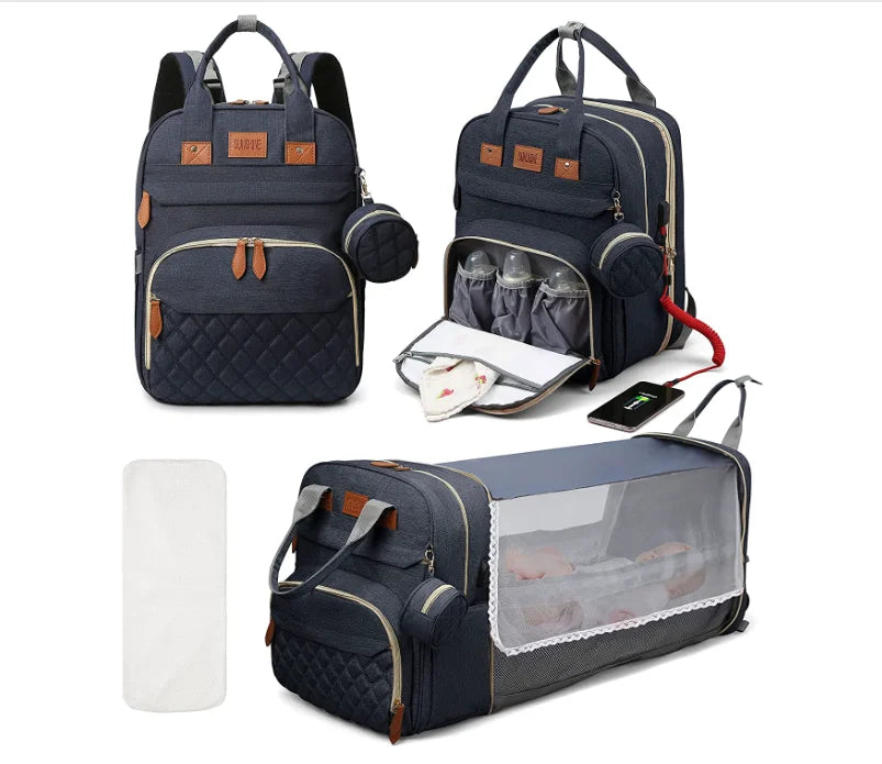 3-in-1 Diaper Bag Backpack with Foldable Baby Bed & USB Port