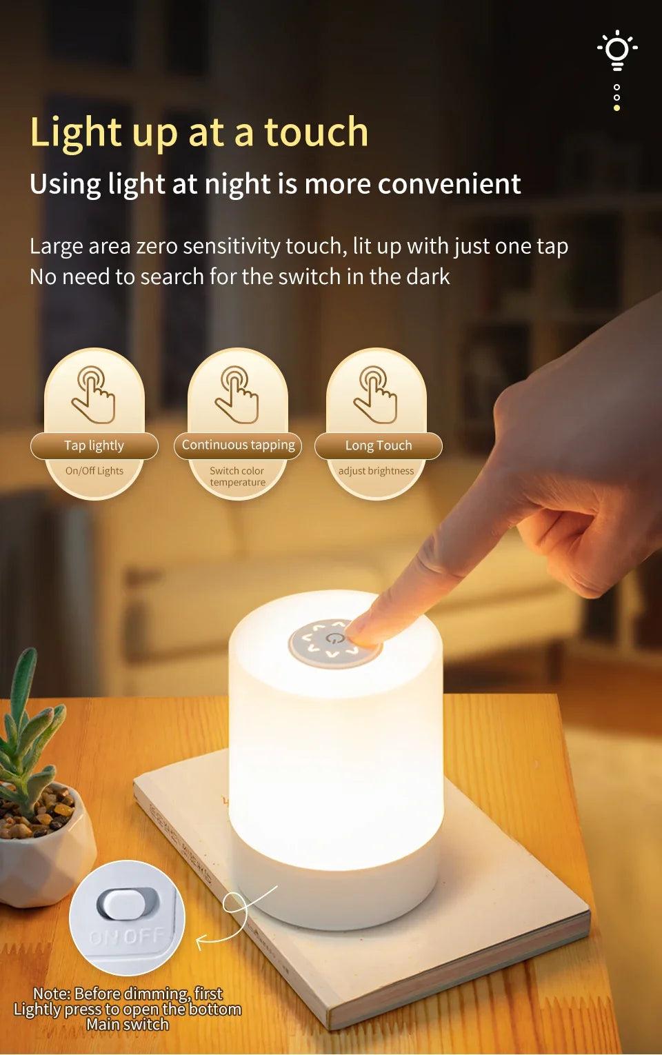 Dimmable LED Bedside Night Light – Touch Control Rechargeable Lamp
