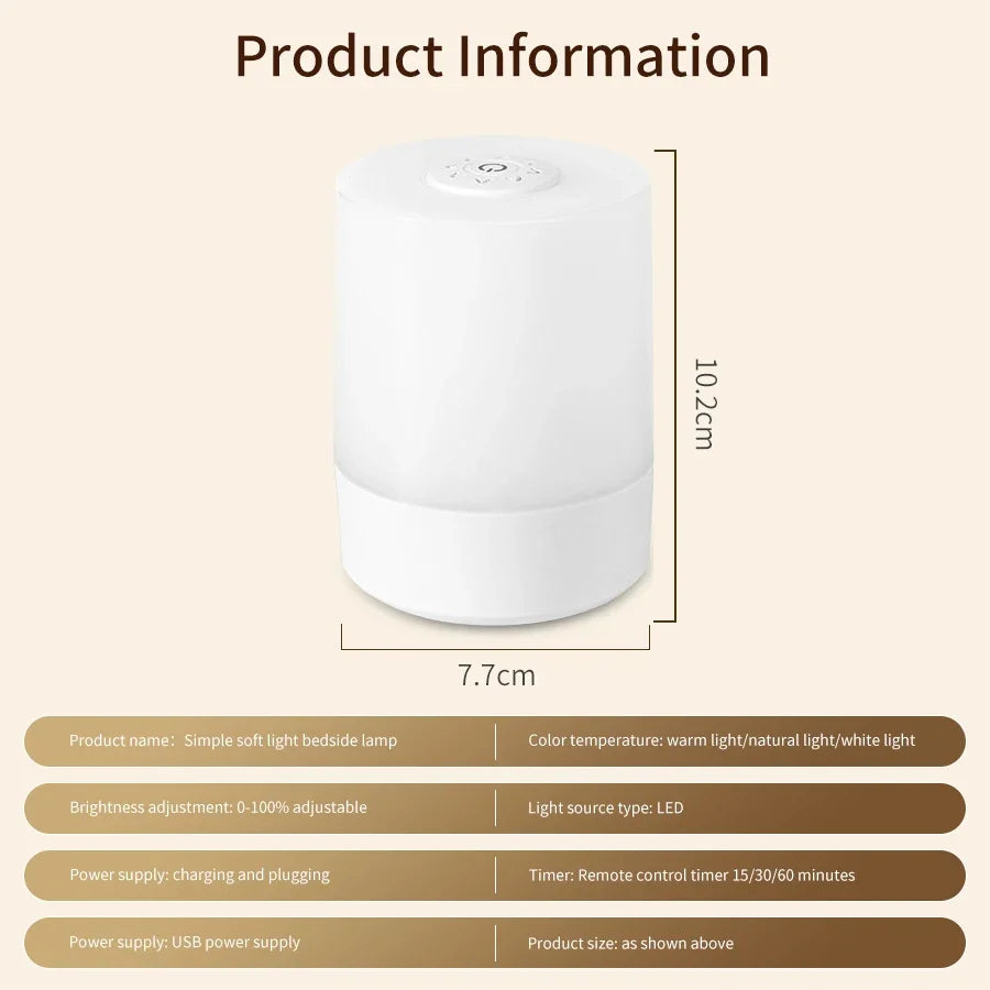 Dimmable LED Bedside Night Light – Touch Control Rechargeable Lamp