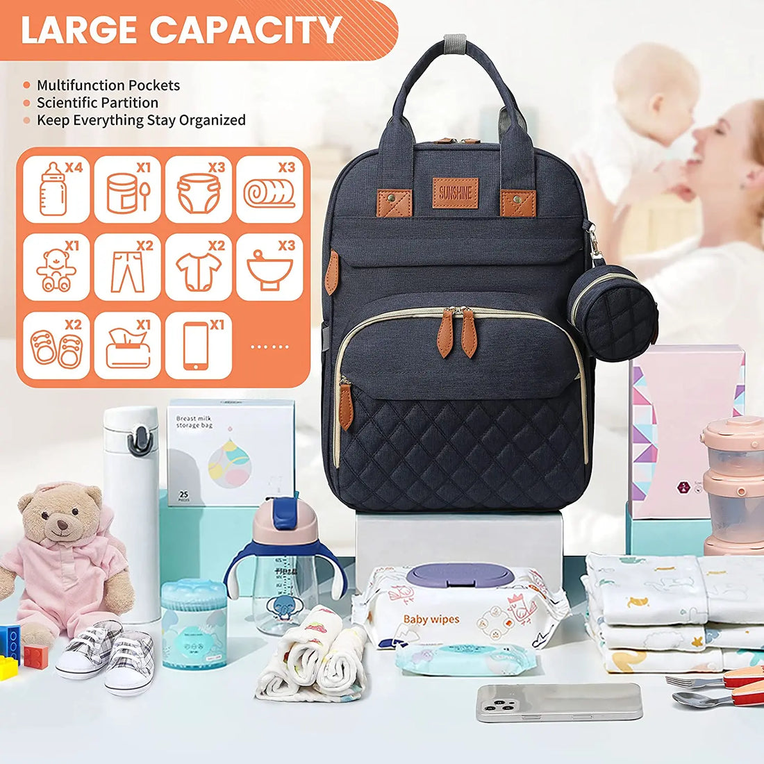 3-in-1 Diaper Bag Backpack with Foldable Baby Bed & USB Port