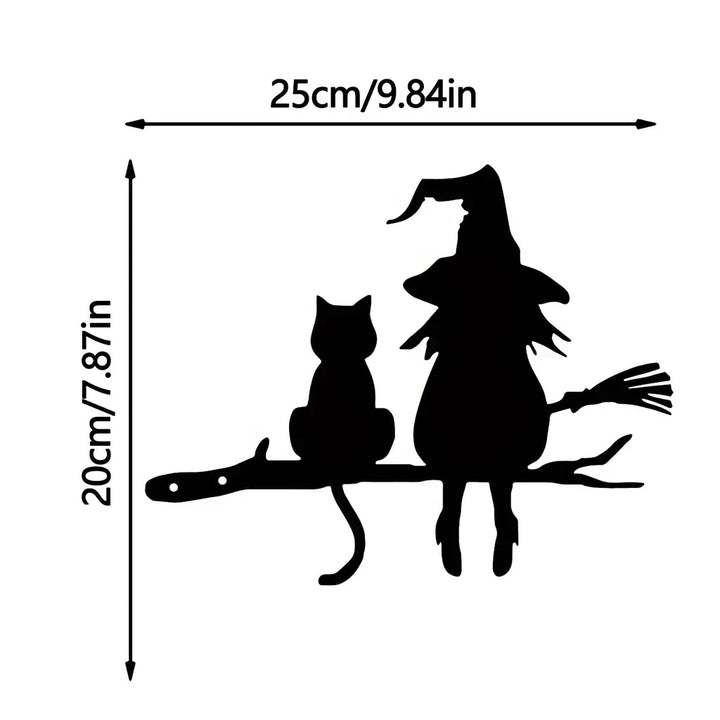 Iron Garden Stake – Witch & Cat Silhouette Yard Art