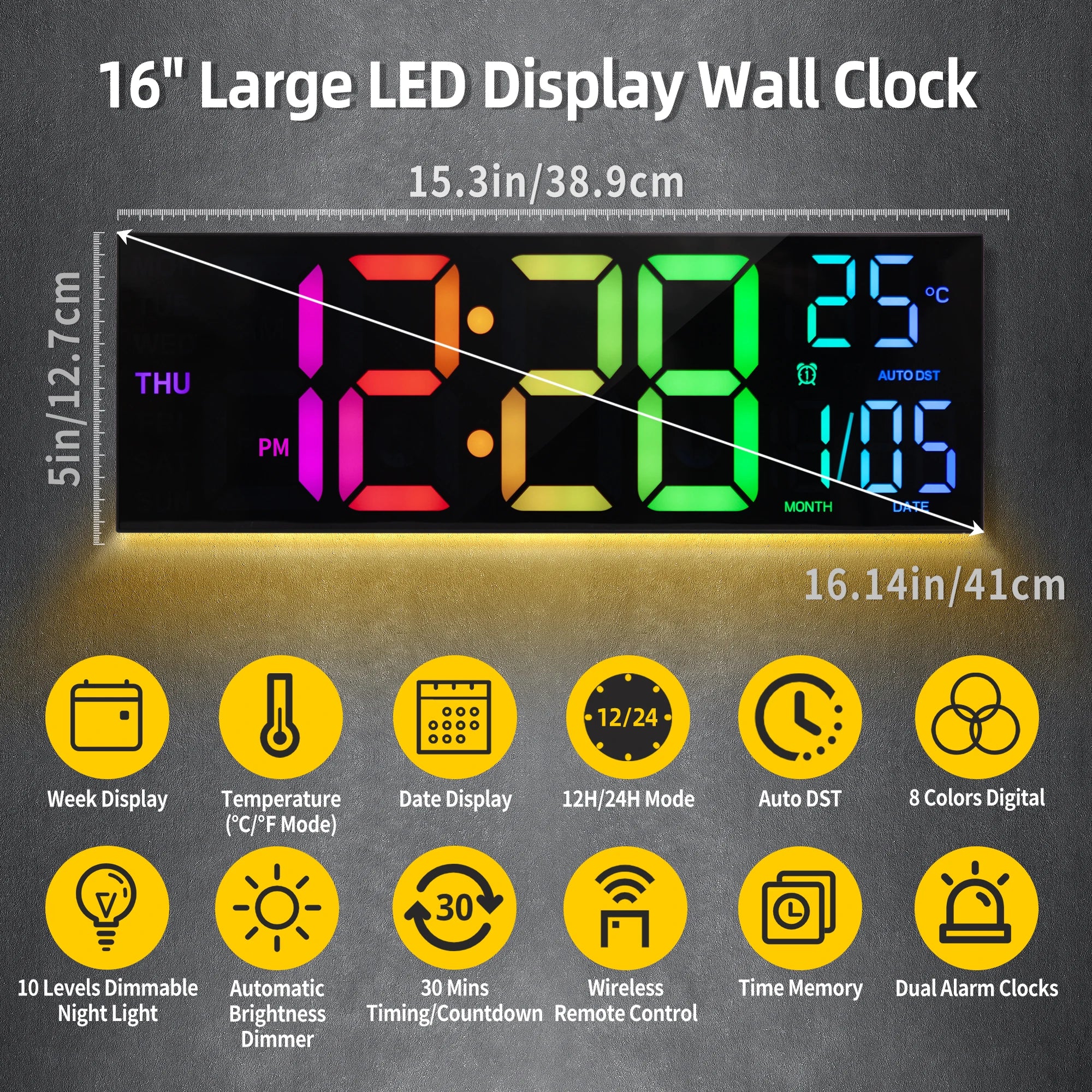 16" LED Digital Wall Clock – Large RGB Display with Remote