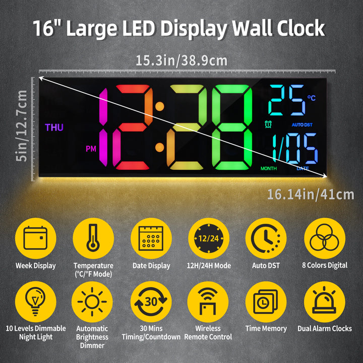 16" LED Digital Wall Clock – Large RGB Display with Remote