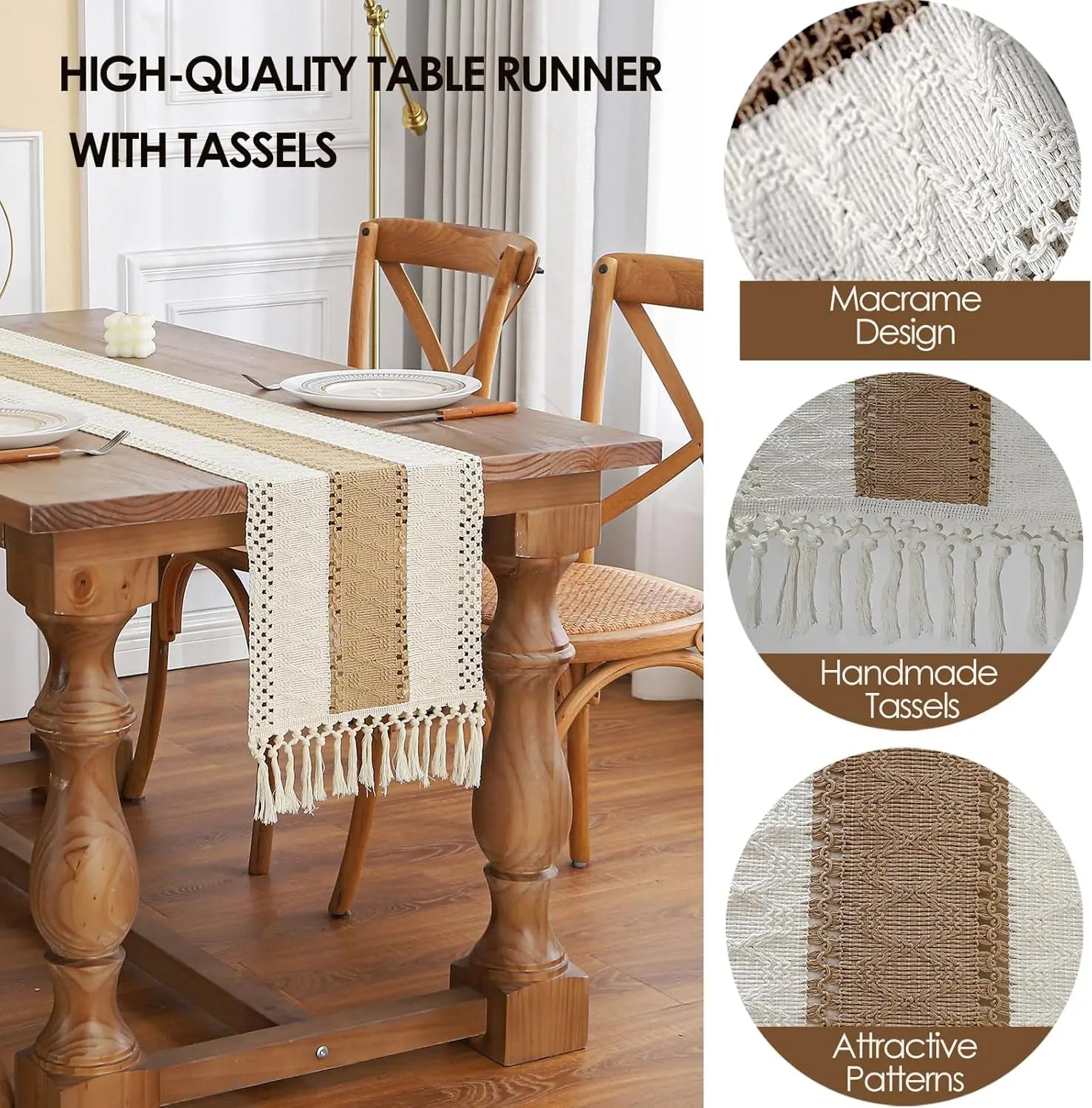 Boho Farmhouse Linen Table Runner with Tassels – Rustic Cotton Blend