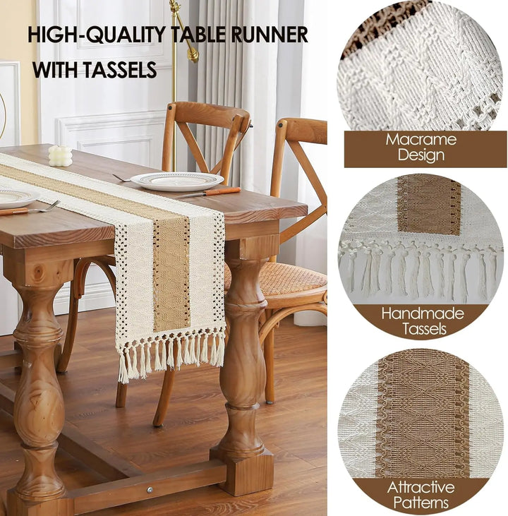 Boho Farmhouse Linen Table Runner with Tassels – Rustic Cotton Blend