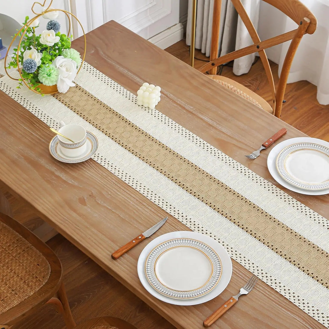 Boho Farmhouse Linen Table Runner with Tassels – Rustic Cotton Blend