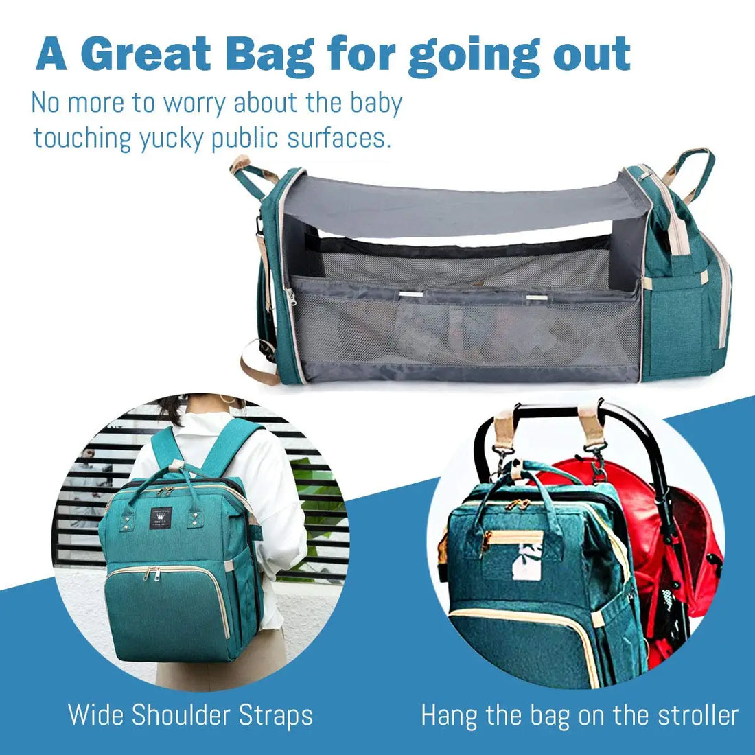 3-in-1 Diaper Bag Backpack with Foldable Baby Bed & USB Port