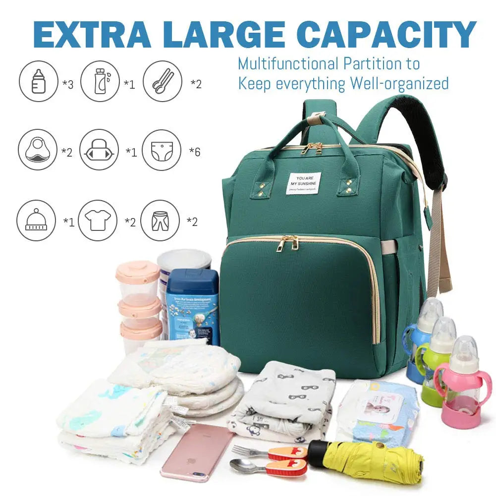 3-in-1 Diaper Bag Backpack with Foldable Baby Bed & USB Port