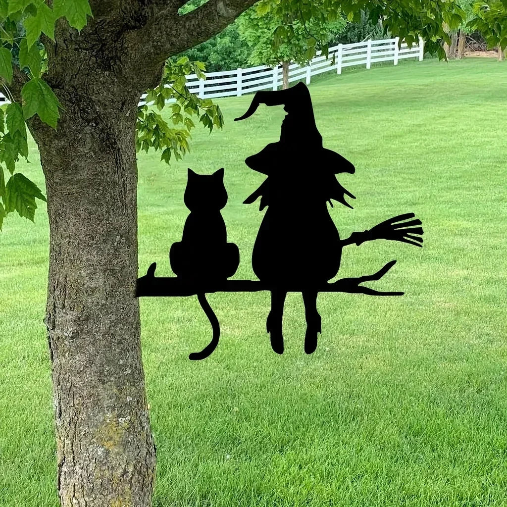 Iron Garden Stake – Witch & Cat Silhouette Yard Art