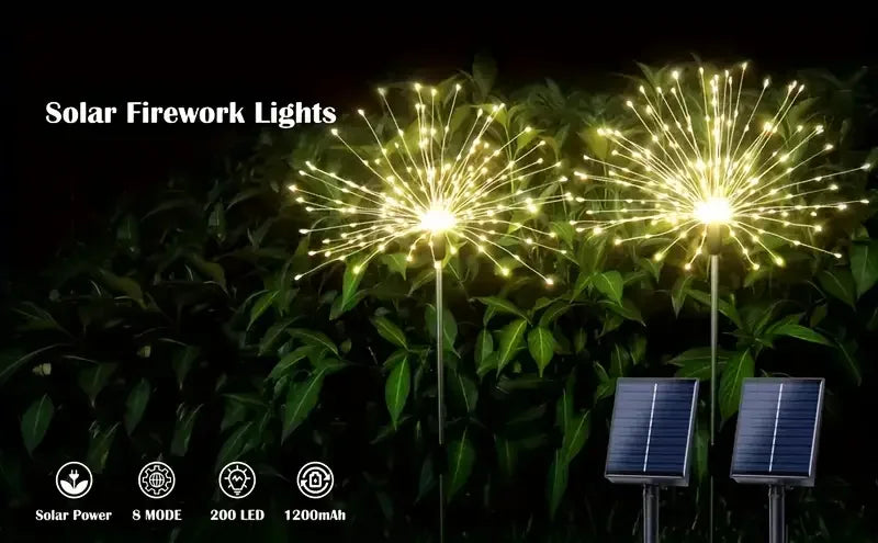 Solar Fireworks Lights – 200 LEDs, 8 Modes, Remote Control, Waterproof