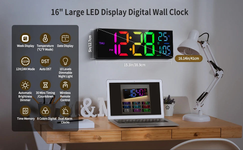 16" LED Digital Wall Clock – Large RGB Display with Remote