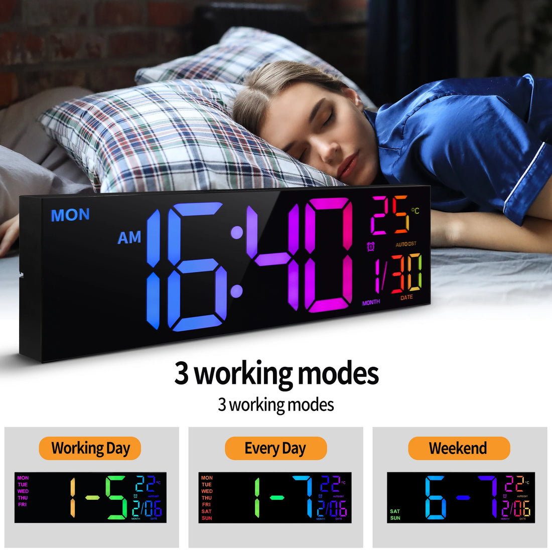 16" LED Digital Wall Clock – Large RGB Display with Remote