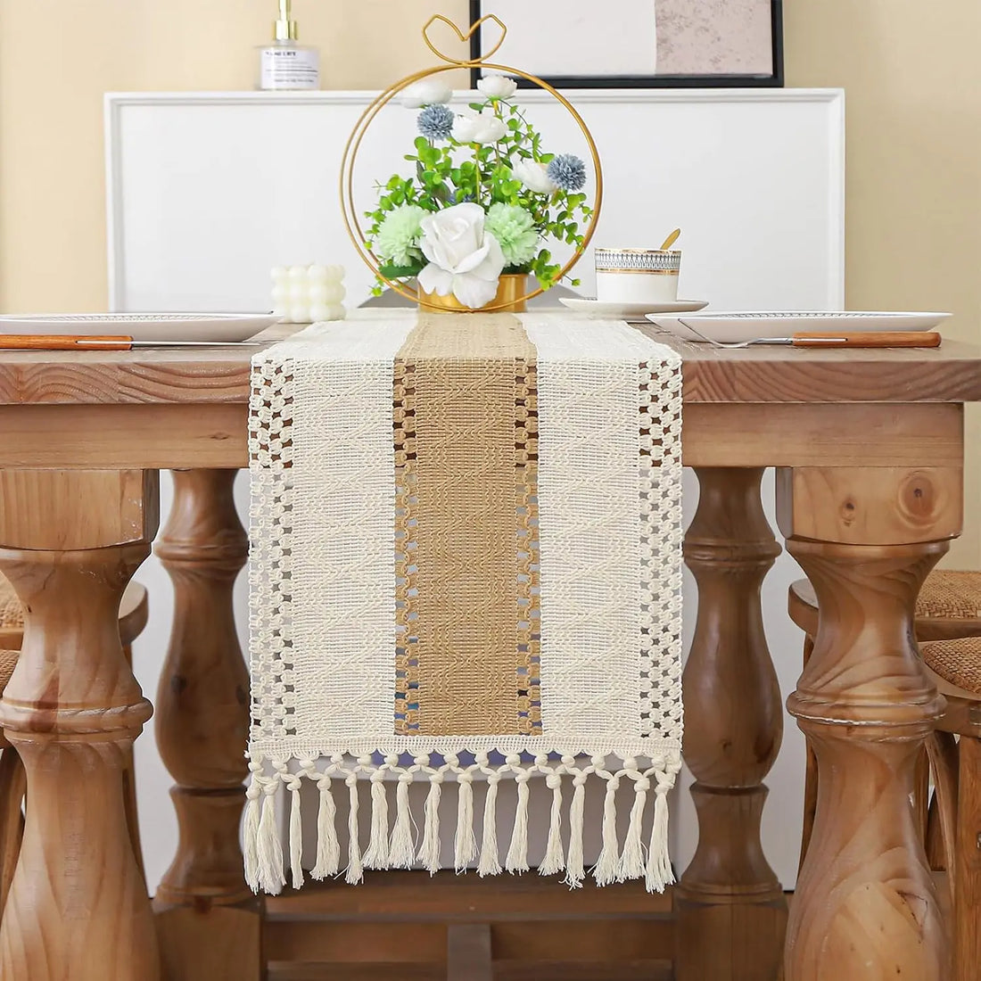 Boho Farmhouse Linen Table Runner with Tassels – Rustic Cotton Blend