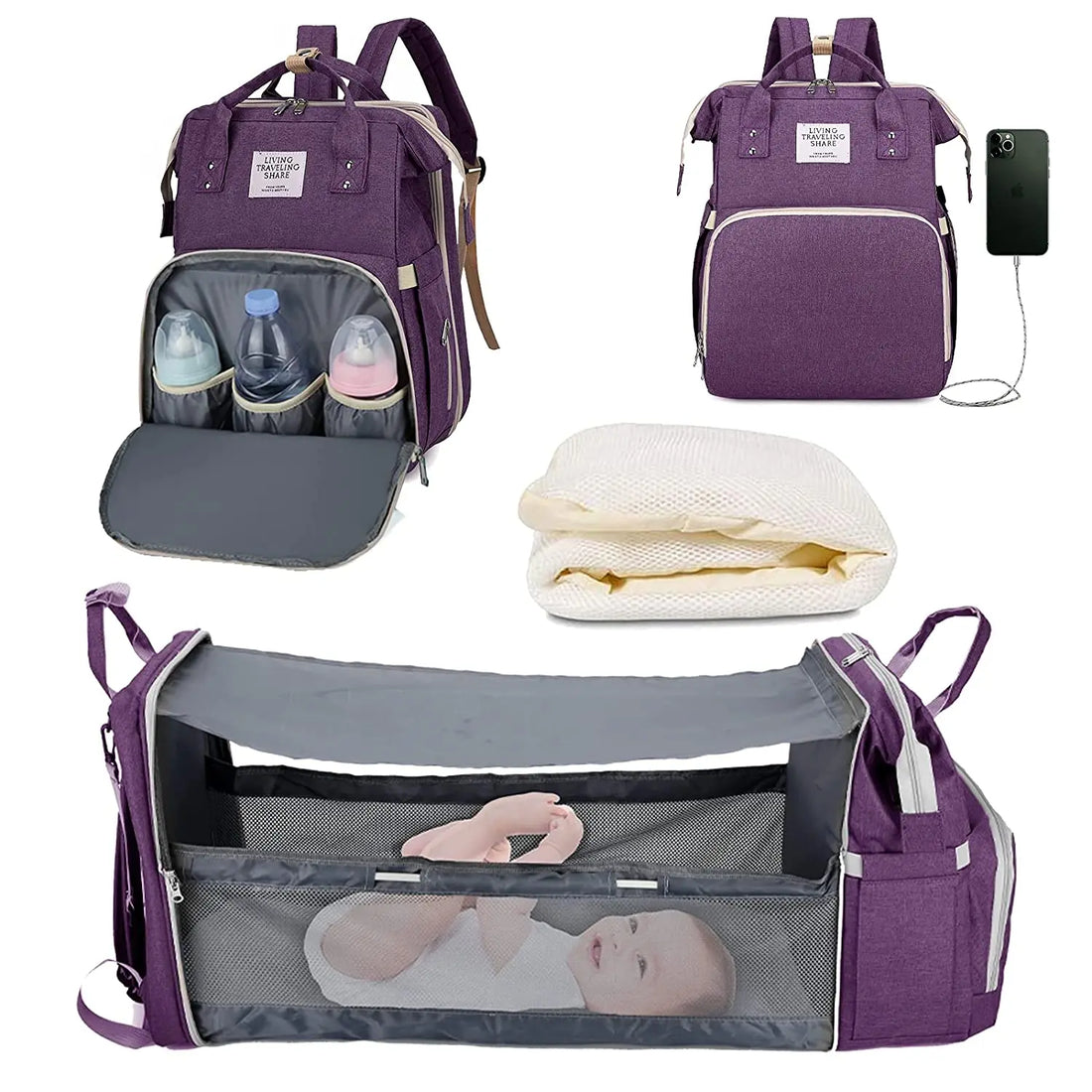 3-in-1 Diaper Bag Backpack with Foldable Baby Bed & USB Port