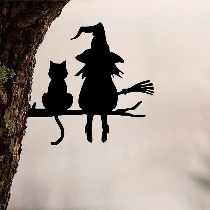 Iron Garden Stake – Witch & Cat Silhouette Yard Art