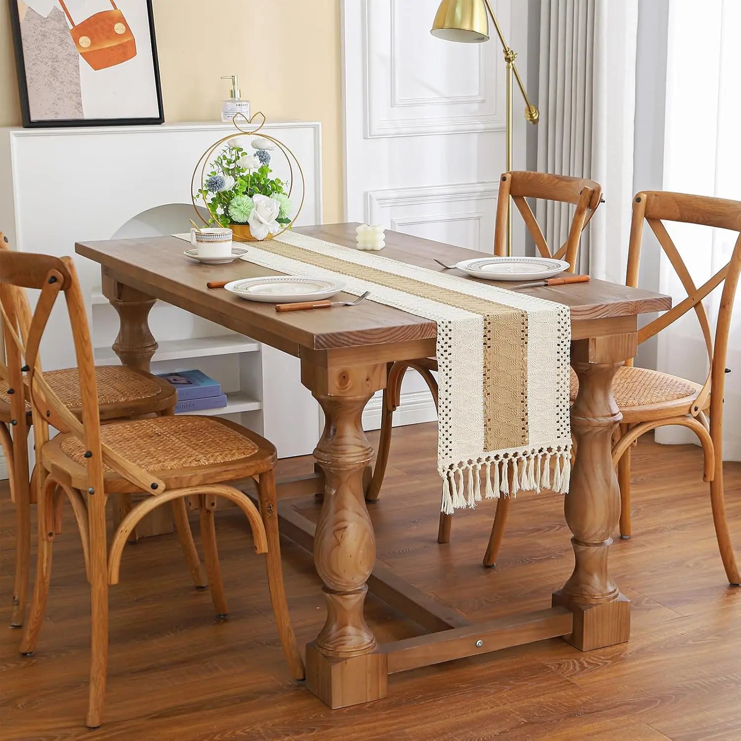 Boho Farmhouse Linen Table Runner with Tassels – Rustic Cotton Blend