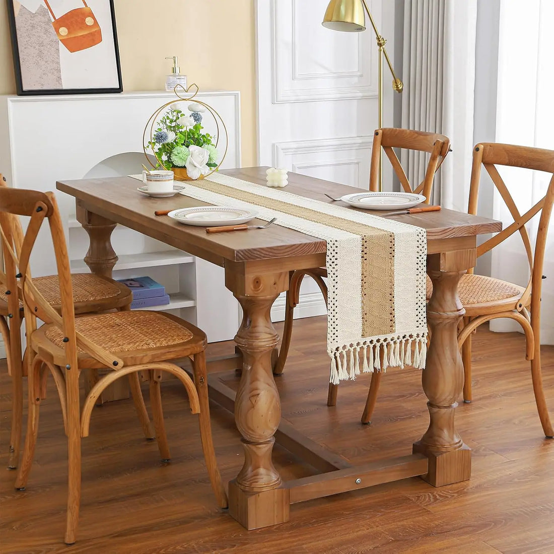 Boho Farmhouse Linen Table Runner with Tassels – Rustic Cotton Blend