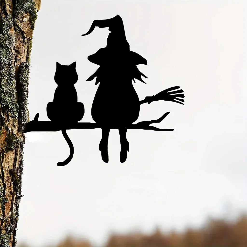Iron Garden Stake – Witch & Cat Silhouette Yard Art