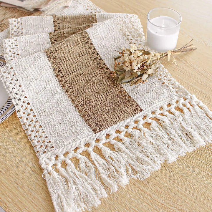 Boho Farmhouse Linen Table Runner with Tassels – Rustic Cotton Blend