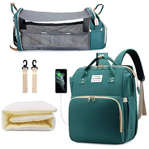 3-in-1 Diaper Bag Backpack with Foldable Baby Bed & USB Port