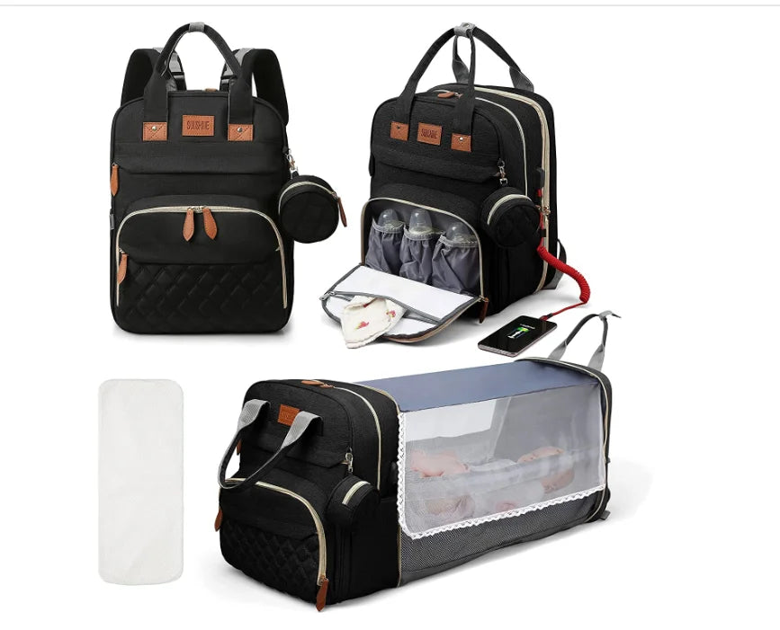 3-in-1 Diaper Bag Backpack with Foldable Baby Bed & USB Port