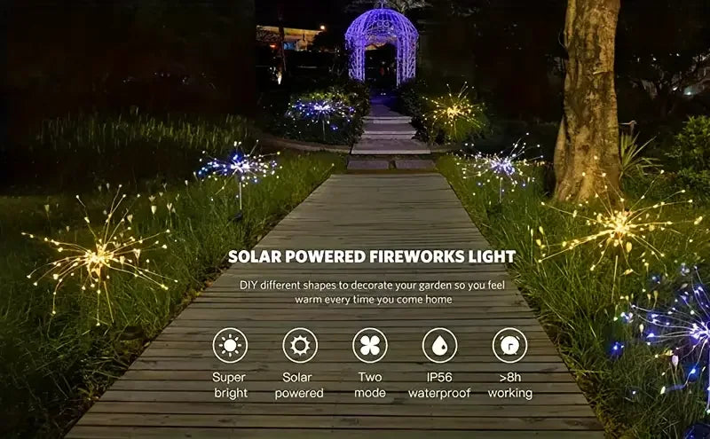 Solar Fireworks Lights – 200 LEDs, 8 Modes, Remote Control, Waterproof