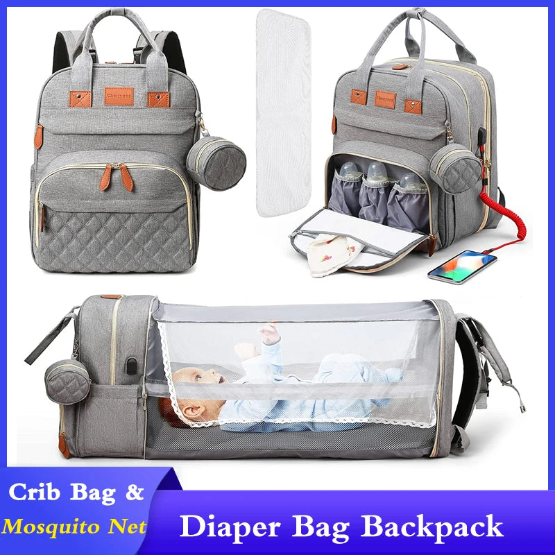 3-in-1 Diaper Bag Backpack with Foldable Baby Bed & USB Port