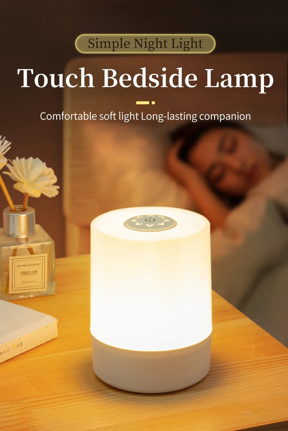 Dimmable LED Bedside Night Light – Touch Control Rechargeable Lamp