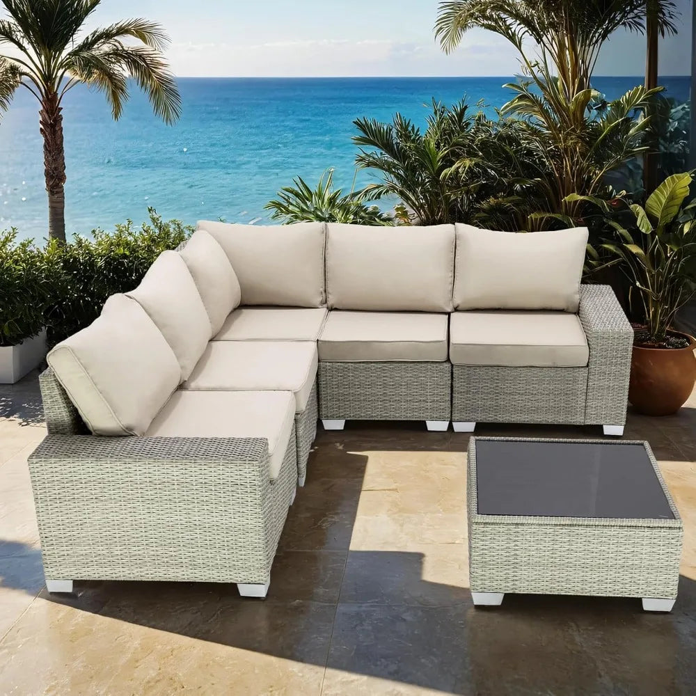 6-Piece Outdoor Patio Furniture Set – Wicker Sectional Sofa
