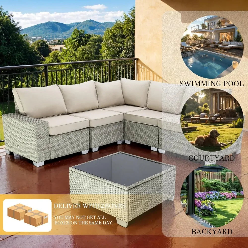 6-Piece Outdoor Patio Furniture Set – Wicker Sectional Sofa