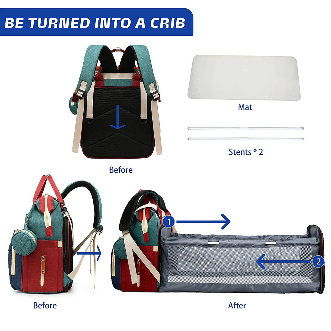 3-in-1 Diaper Bag Backpack with Foldable Baby Bed & USB Port