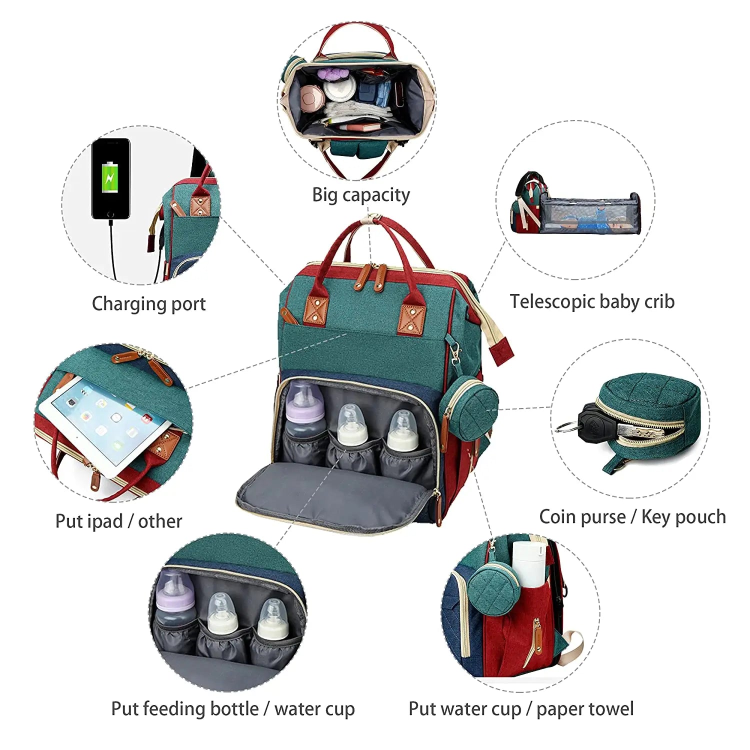 3-in-1 Diaper Bag Backpack with Foldable Baby Bed & USB Port