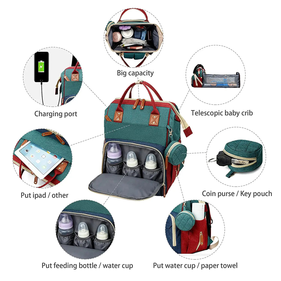 3-in-1 Diaper Bag Backpack with Foldable Baby Bed & USB Port