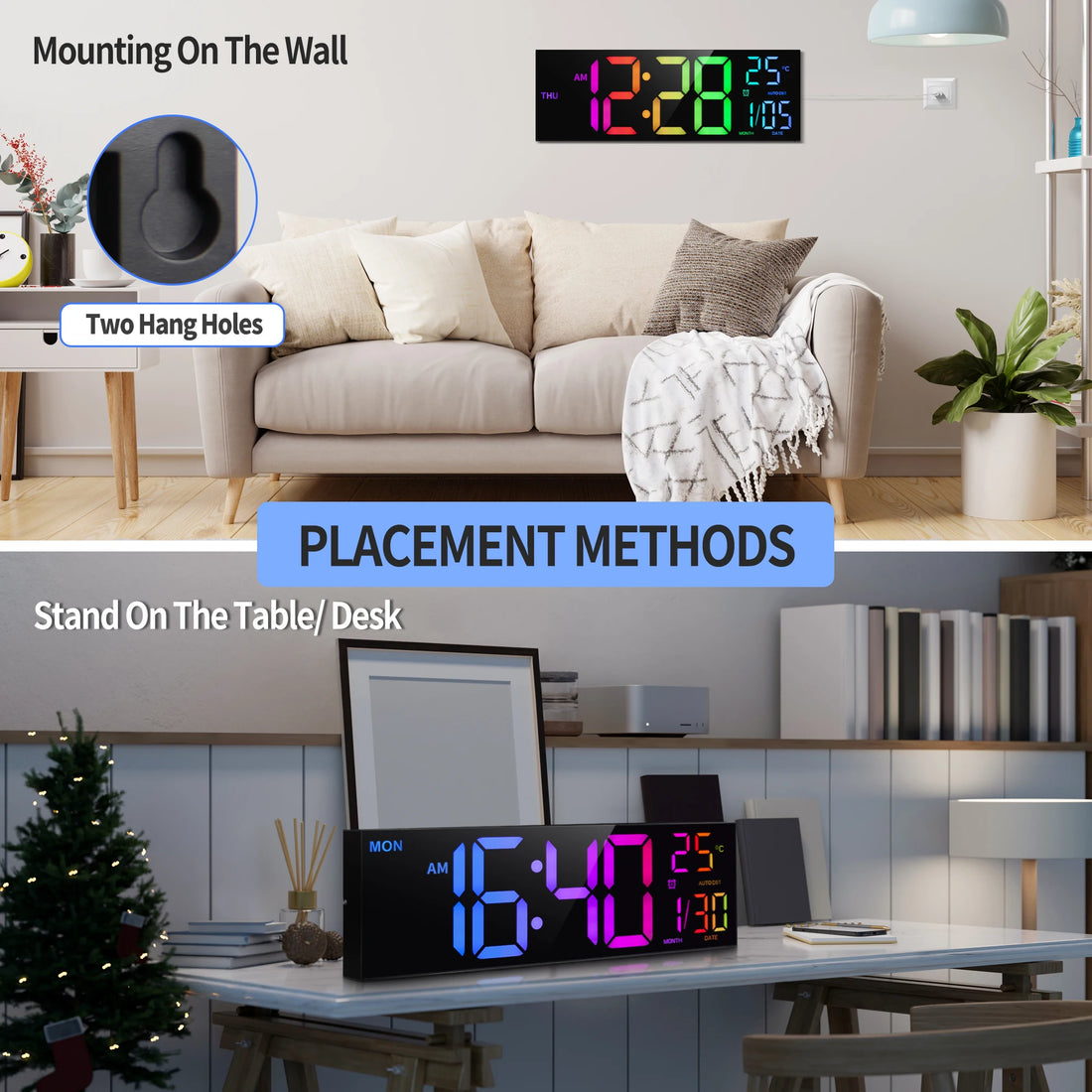 16" LED Digital Wall Clock – Large RGB Display with Remote